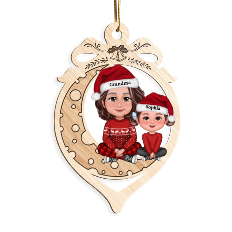 Grandma Grandkid Crossed Legs On Moon In Ornament Shaped Personalized Wooden Ornament