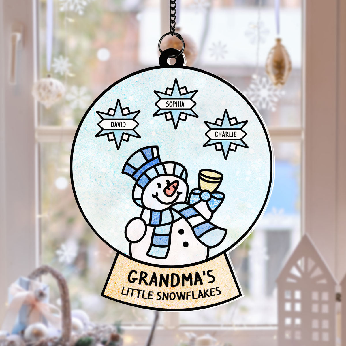 Grandma Grandchild Snowman Family Personalized Suncatcher, Christmas Stained Glass Decor