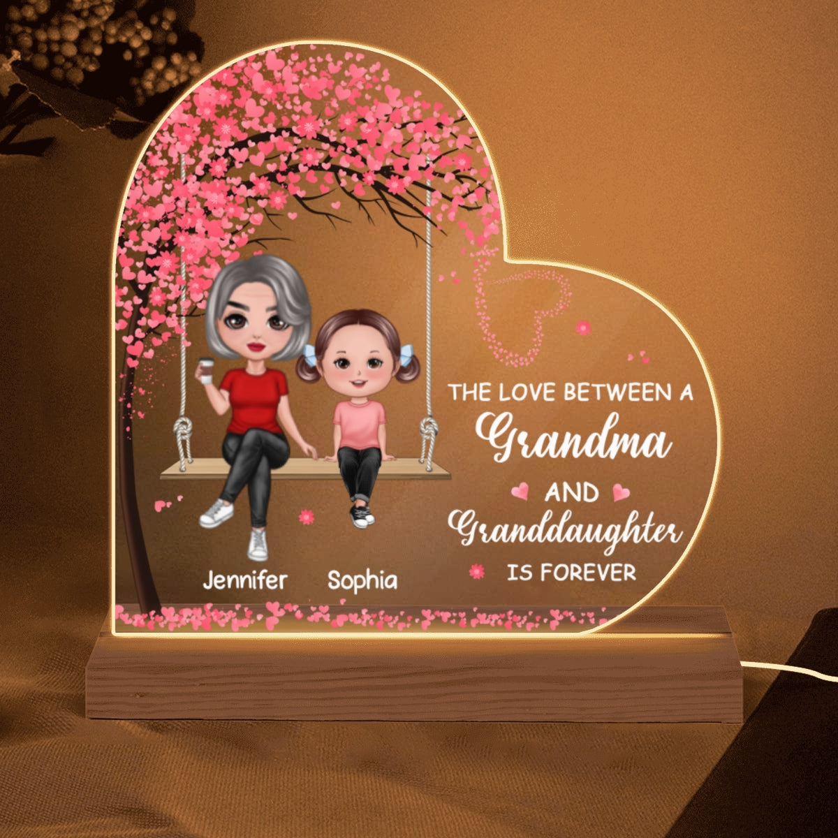 Grandma Granddaughter Daughter Sitting On Swing Personalized Custom Shape Acrylic Plaque Warm LED Night Light