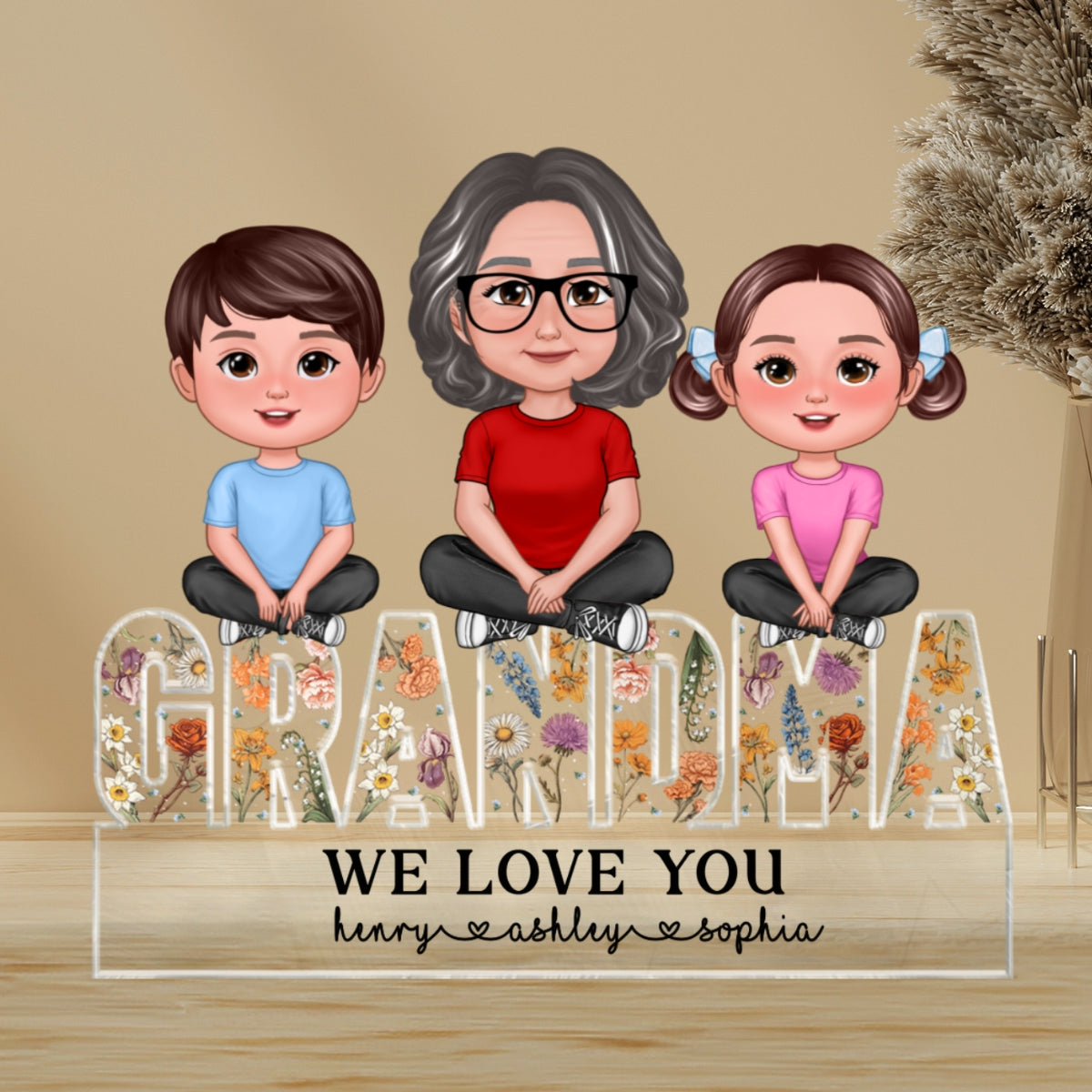 Grandma Granddaughters Grandsons Sitting On Word Vintage Flowers Personalized Acrylic Block Plaque