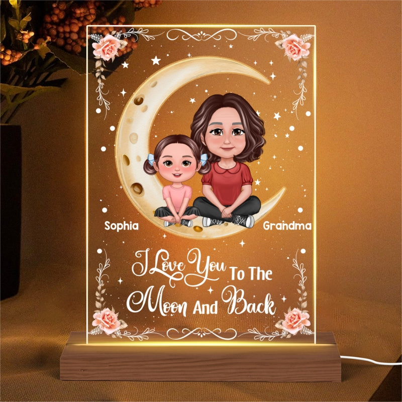 Grandma Grandkid Crossed Legs Sitting On Moon Personalized Acrylic LED Night Light