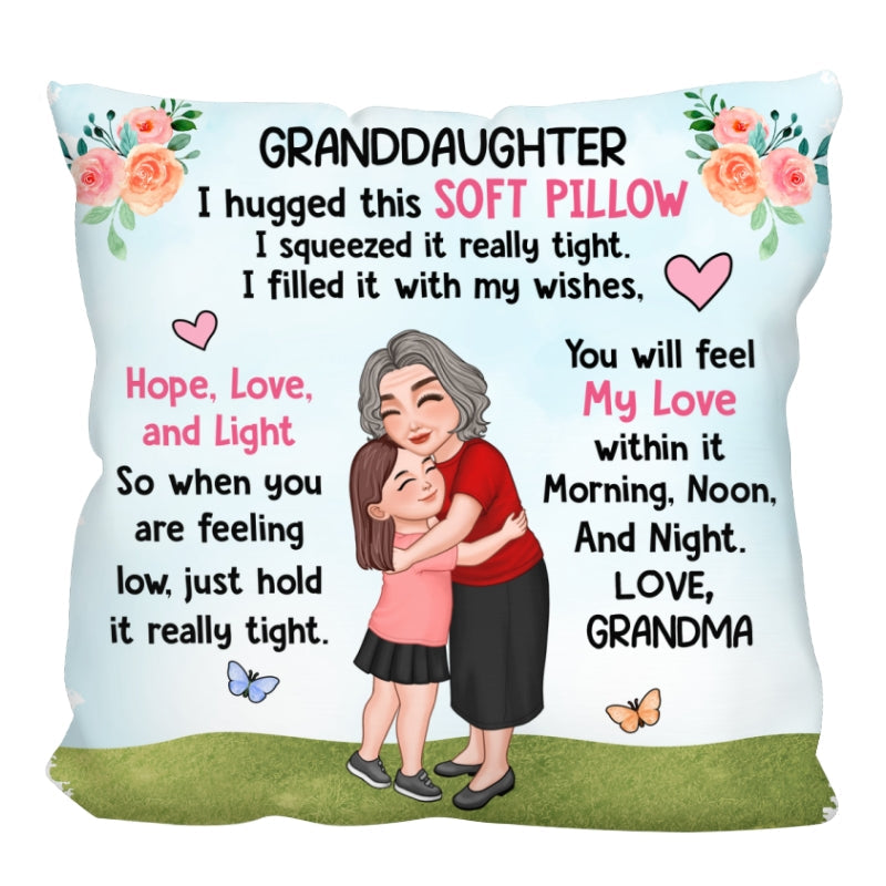 Grandma Granddaughter Grandson Hugging Flowers Blue Sky Personalized Pillow