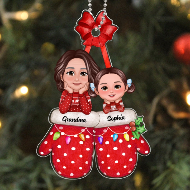 Grandma Grandkid Chin On Hands Christmas Glove Personalized Acrylic Ornament